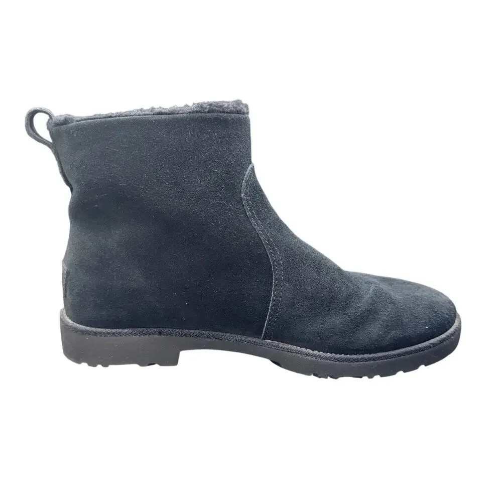 UGG Lorna Mini Zip Boots Black Suede Shearling Womens 8.5 Waterproof